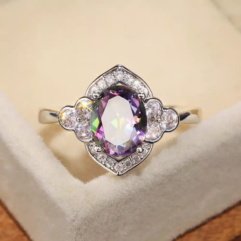 Bague Sofia or blanc 18kt Améthyste et diamants style vintage