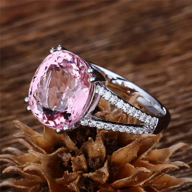 Bague Louise or blanc 18kt Tourmaline rose et diamants style vintage