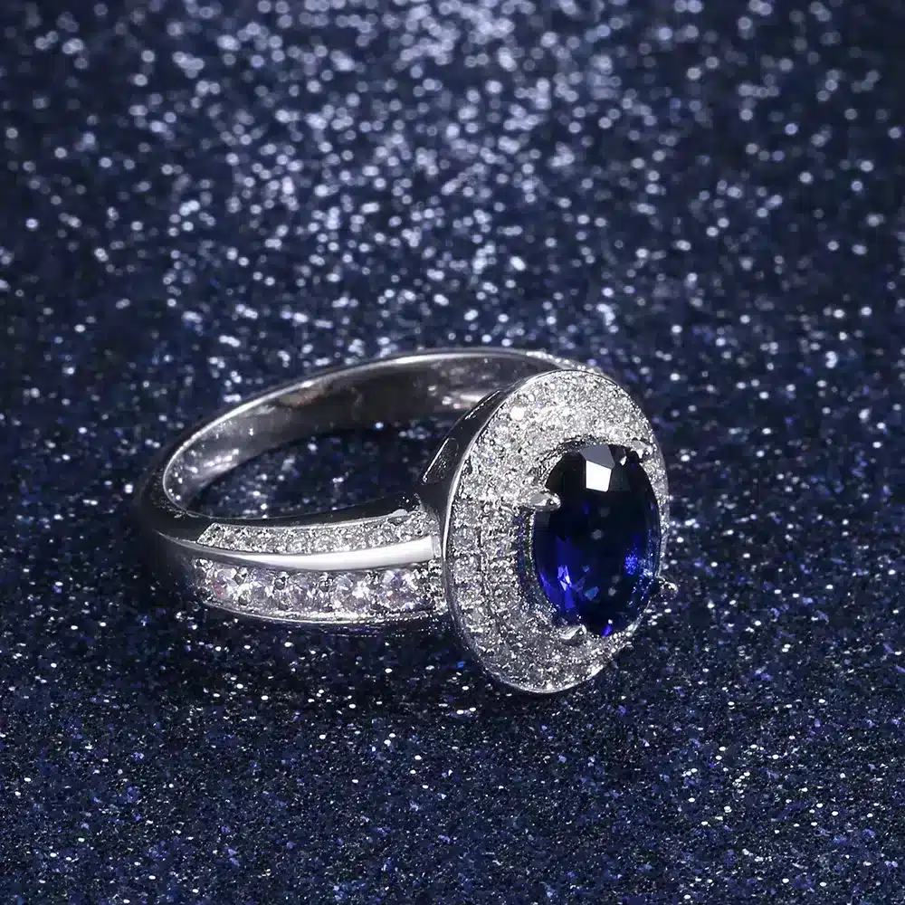 Bague Nina or blanc 18kt saphir et diamants style vintage