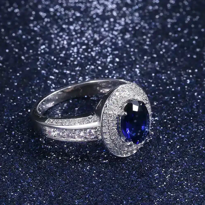 Bague Nina or blanc 18kt saphir et diamants style vintage