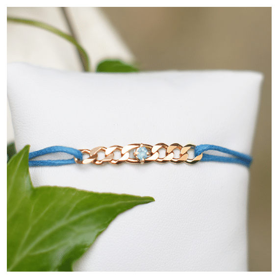 Bracelet Figaro - Or rose, fil bleu, aigue-marine