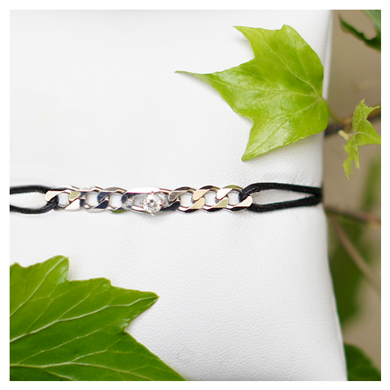 Bracelet Figaro - Or blanc, fil noir, diamant